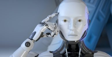 The robot put his finger to the head